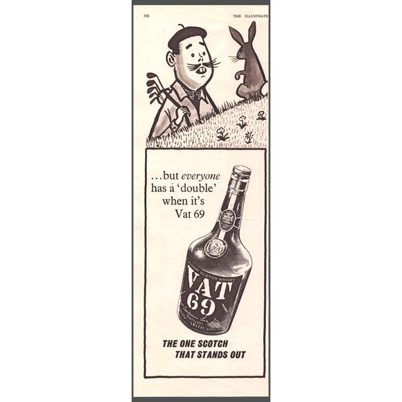 1960 VAT 69 Scotch Vintage Print Ad Black Bottle Golfer Golf Rabbit Wall Art - Picture 1 of 1